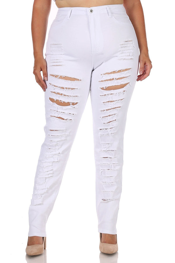 High Waisted Super Distressed Plus Size Skinny Jeans - White